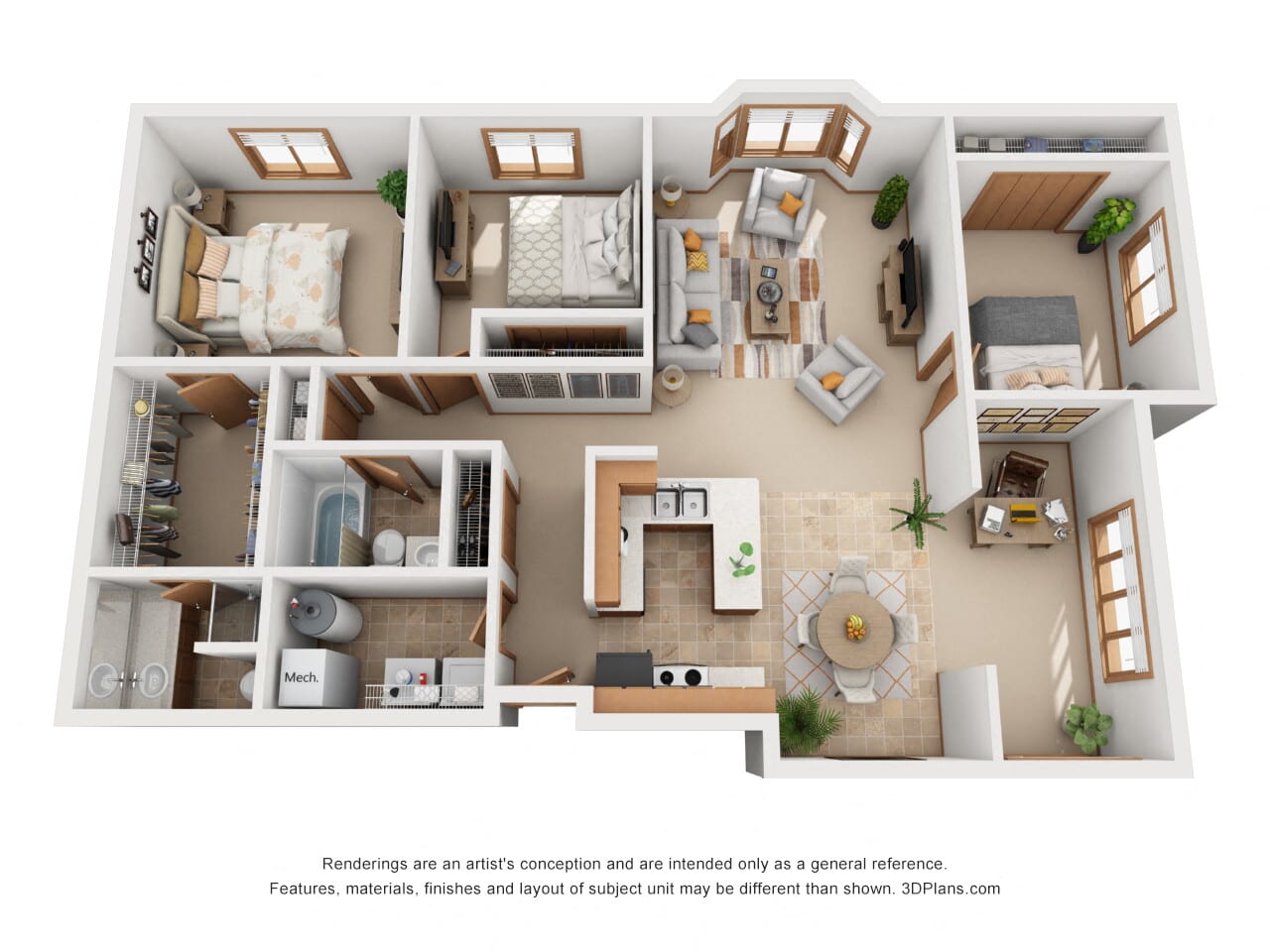 Marceille 3 Bed - 2 Bath Bedroom Layout 1625 sq.ft. Three Bed Two Bath